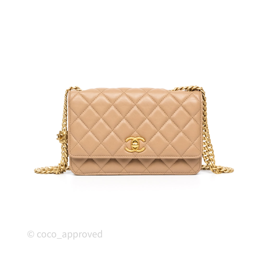 Chanel All Slide Wallet on Chain WOC Adjustable Chain Quilted Beige Lambskin