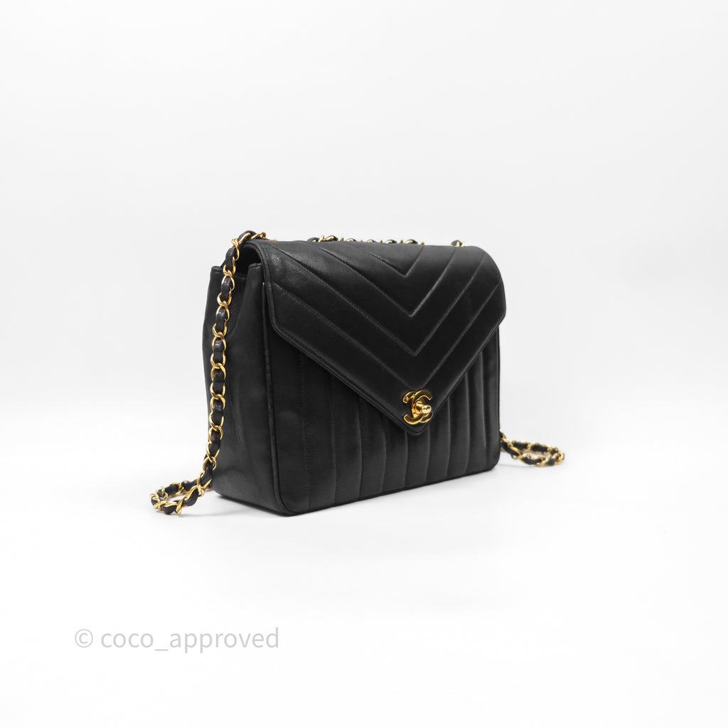 Chanel Vintage Chevron Envelope Flap Bag Black Lambskin 24K Gold Hardware