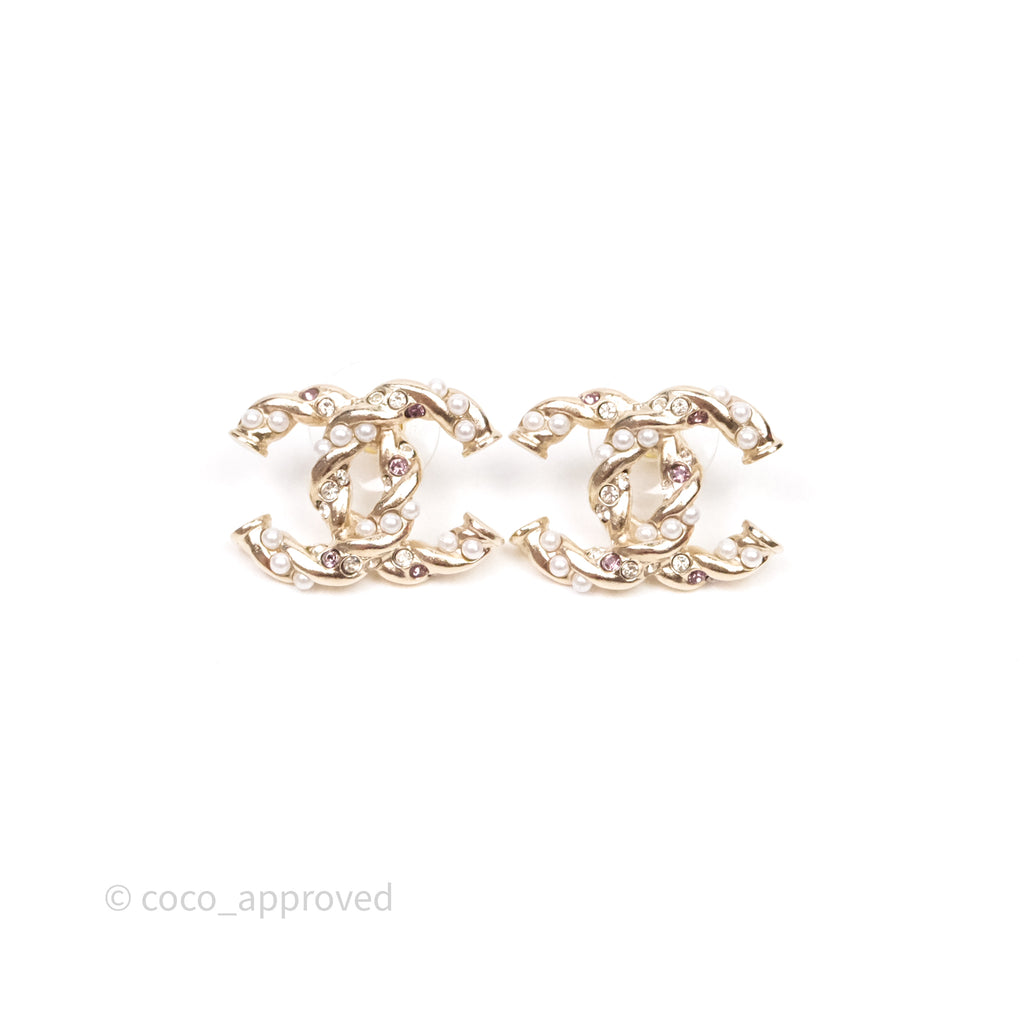 Chanel CC Pearl Crystals Earrings Gold Tone 23B