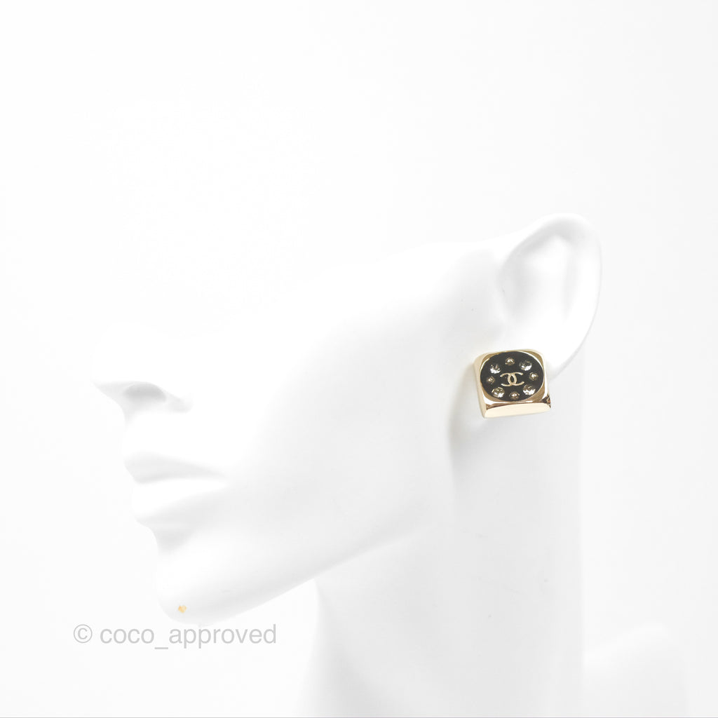 Chanel Square Black Crystal CC Earrings Gold Tone 22P