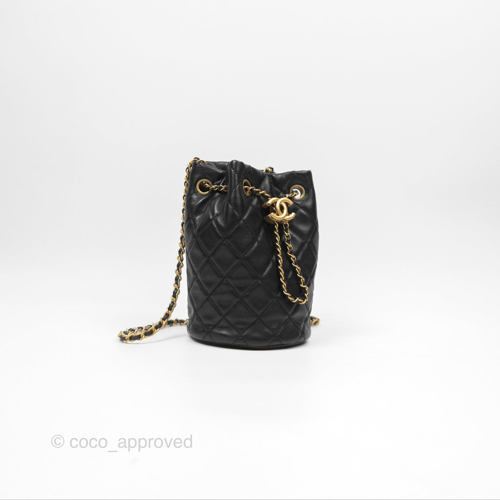 Chanel Pearl Crush Bucket Bag Black Lambskin Aged Gold Hardware 22S