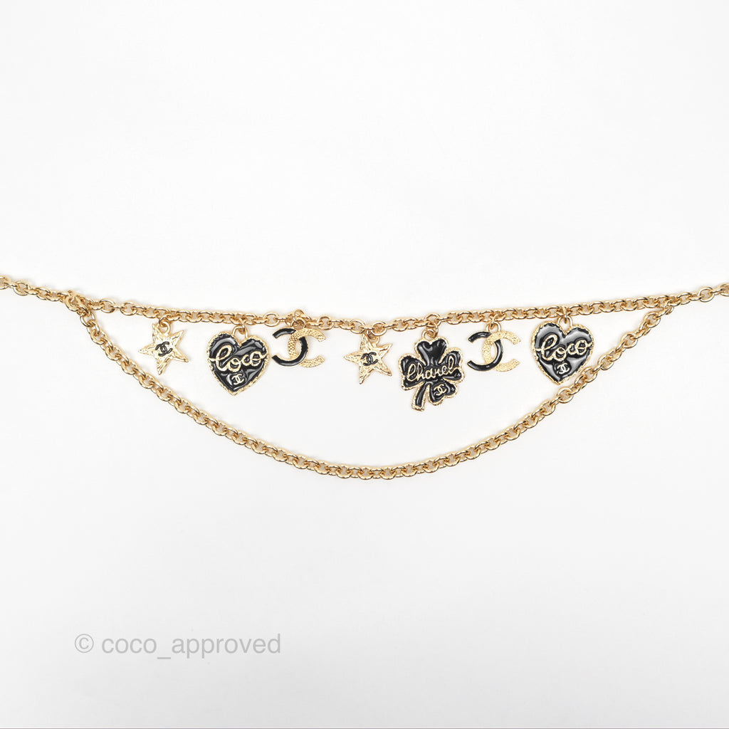 Chanel Black CC Heart Lucky Clover Chain Belt Gold Tone 24P