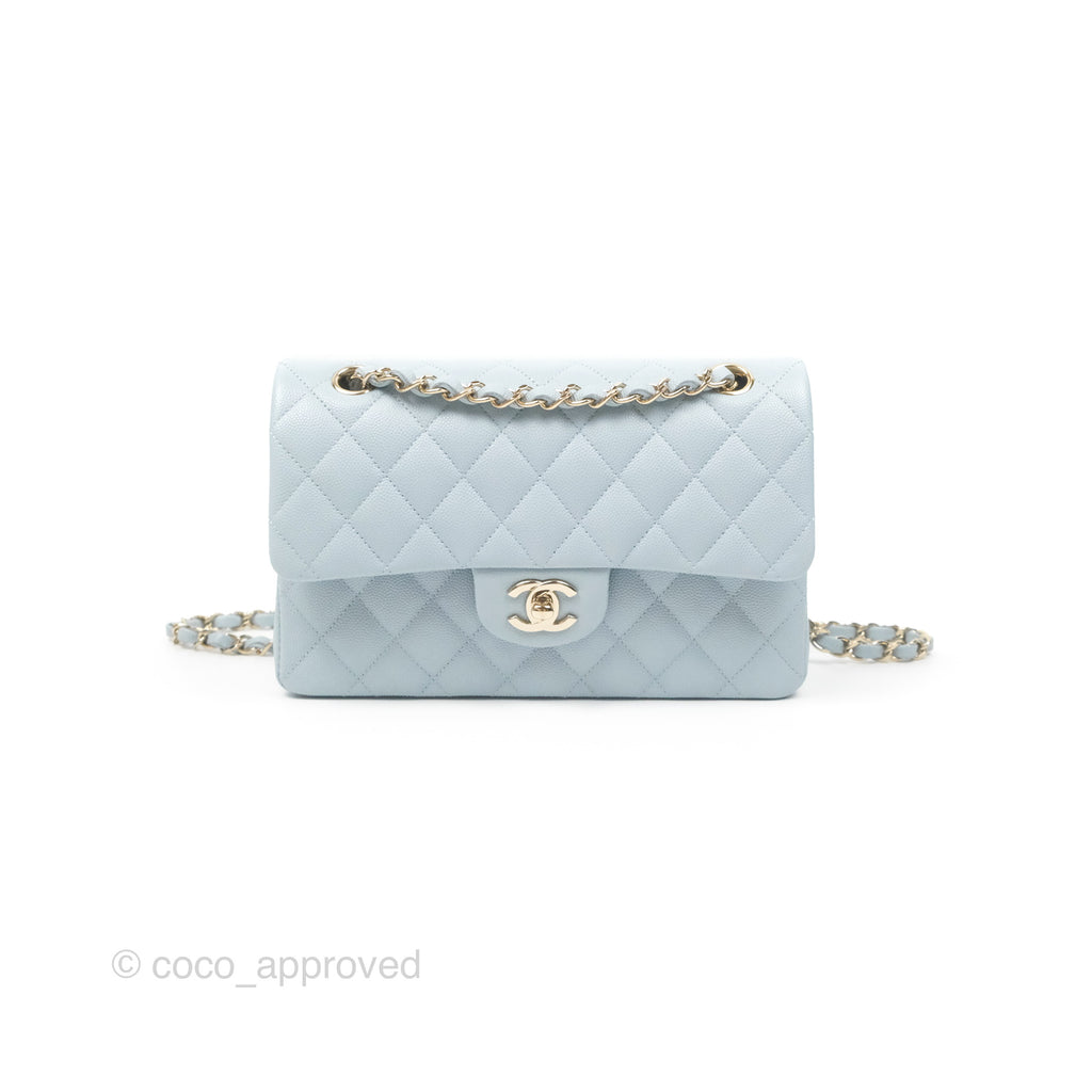 Chanel Small Classic Quilted Flap Light Blue Caviar Gold Hardware