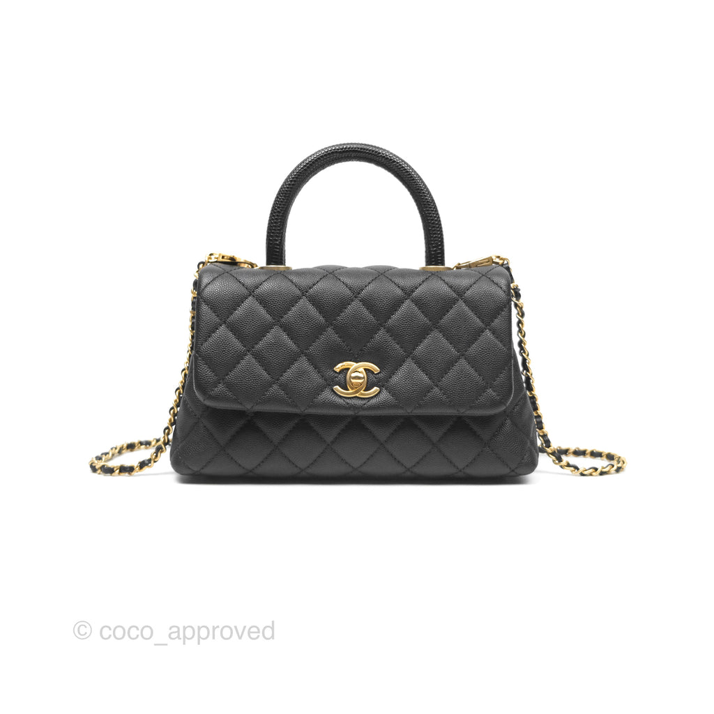 Chanel Small Coco Handle Quilted Black Caviar Aged Gold Hardware Lizard Handle