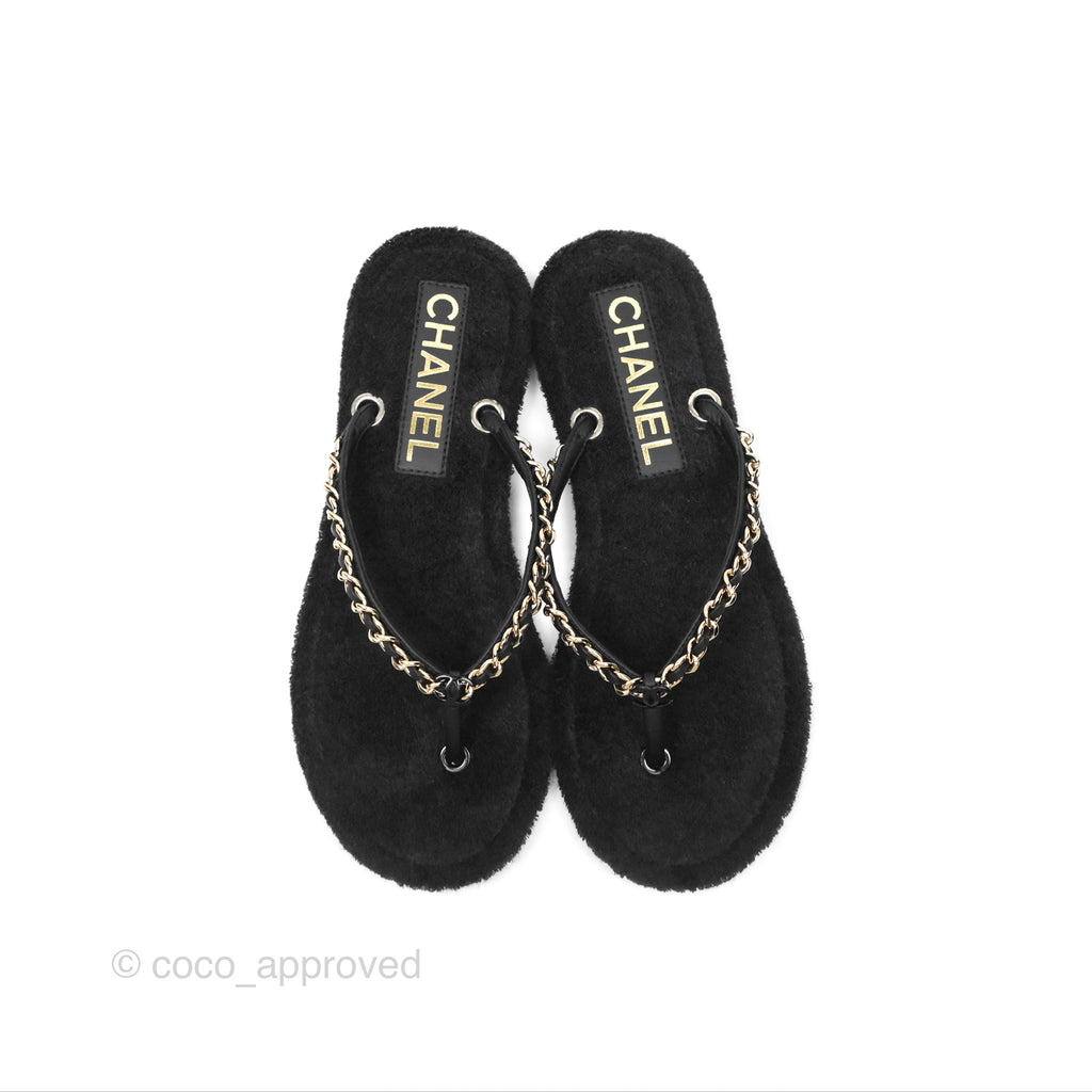 Chanel Chain Terry Slide Thong Sandals Black Size 39