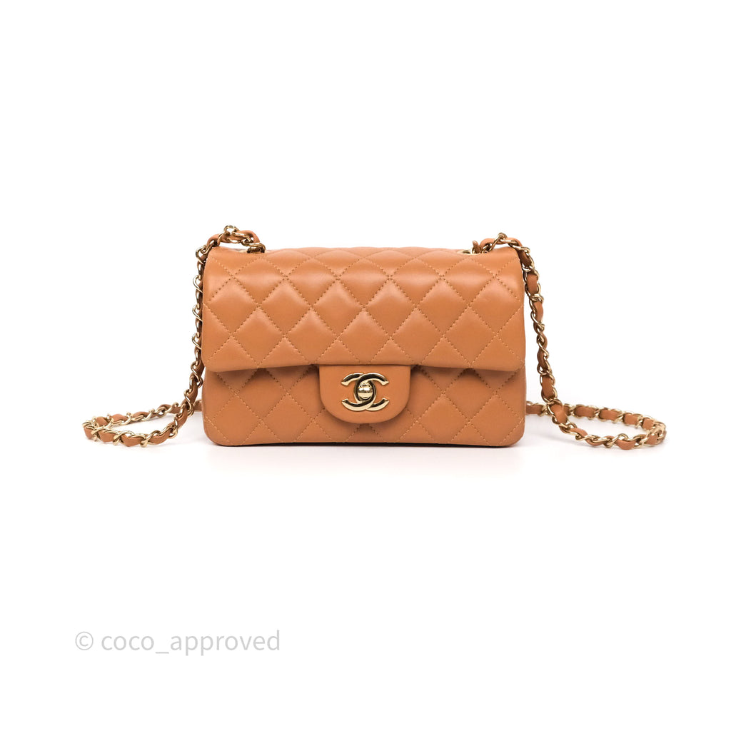 Chanel Mini Rectangular Flap Quilted Caramel Beige Lambskin Gold Hardware