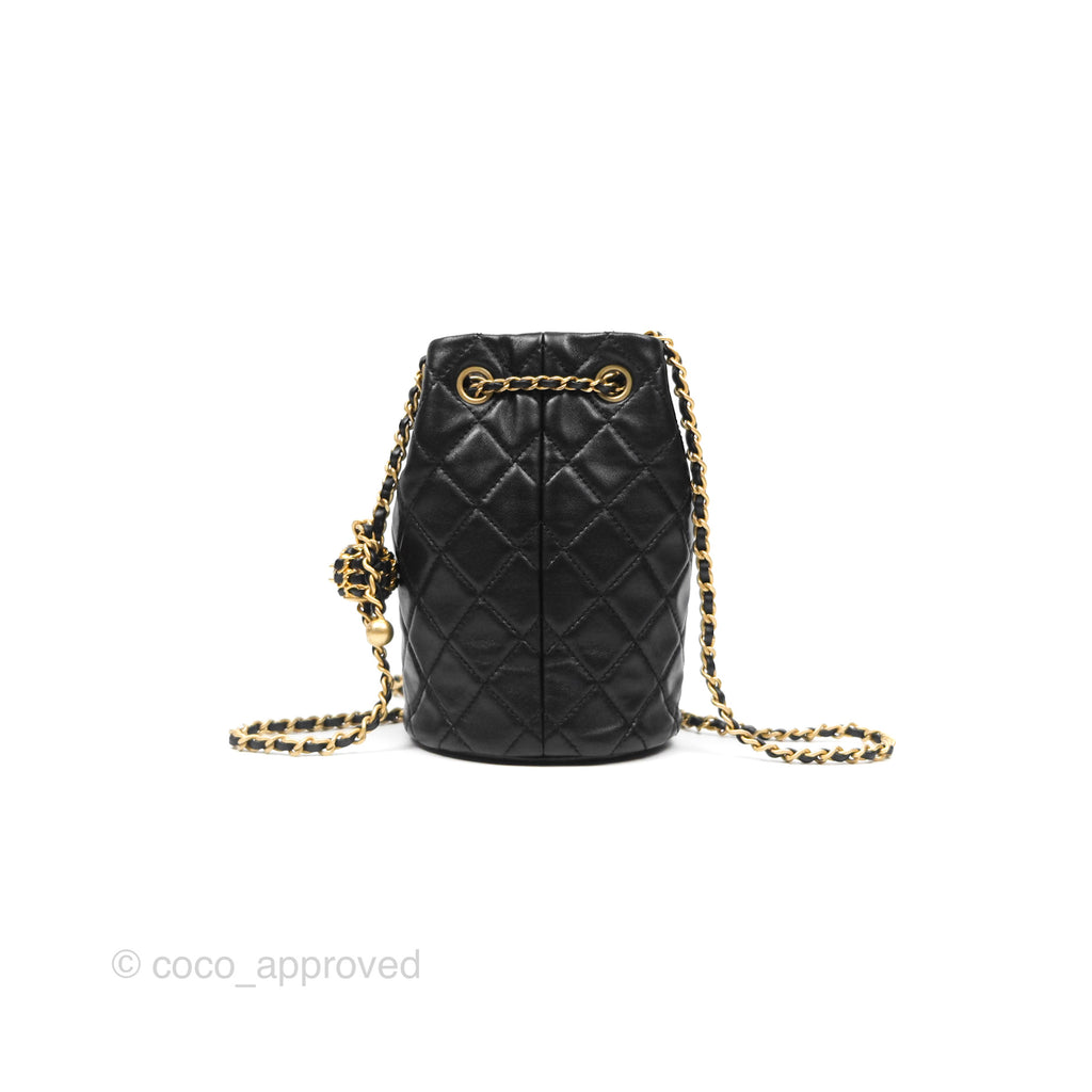 Chanel Pearl Crush Bucket Bag Black Lambskin Aged Gold Hardware 22S