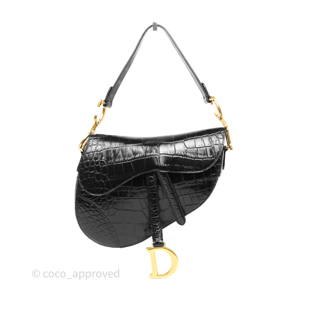 Christian Dior Saddle Bag Black Shiny Crocodile Gold Hardware