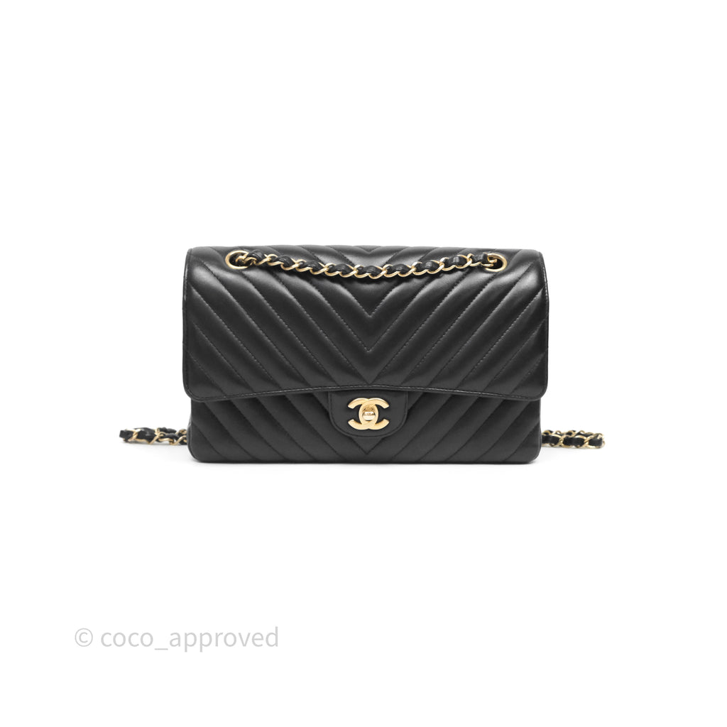 Chanel Classic M/L Medium Flap Chevron Black Lambskin Aged Gold Hardware