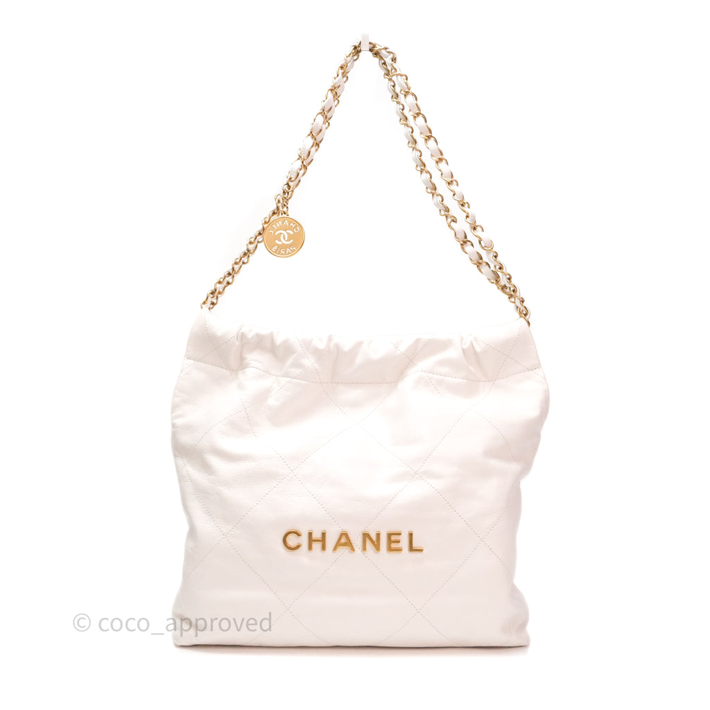 Chanel 22 Small White Shiny Calfskin Aged Gold Hardware