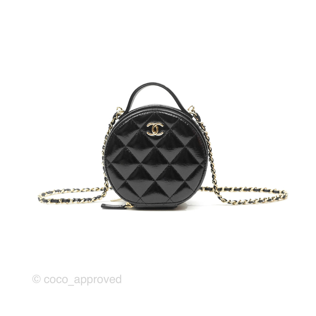 Chanel Mini Round Vanity Bag Handle With Care Black Glazed Lambskin 22C