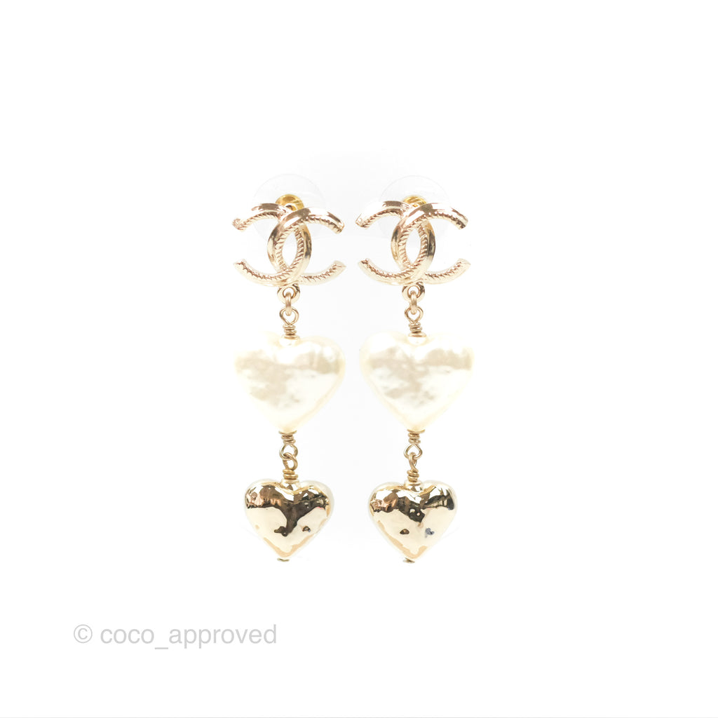 Chanel CC Pearl Heart Drop Earrings Gold Tone 22C