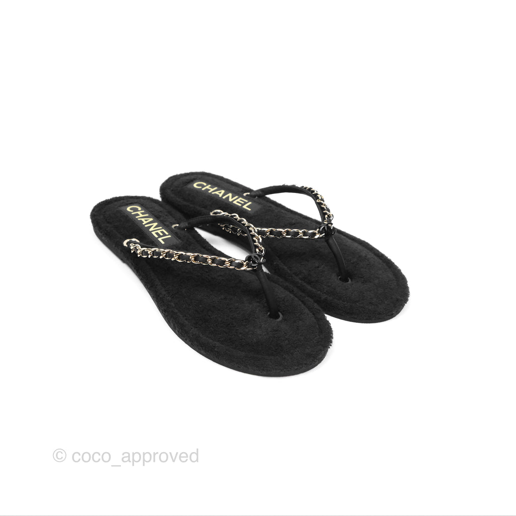 Chanel Chain Terry Slide Thong Sandals Black Size 39