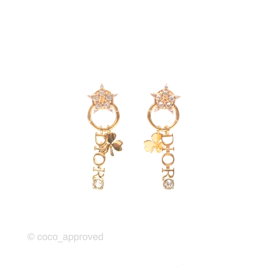 Christian Dior Crystal Star Drop Clover Earrings Gold Tone 