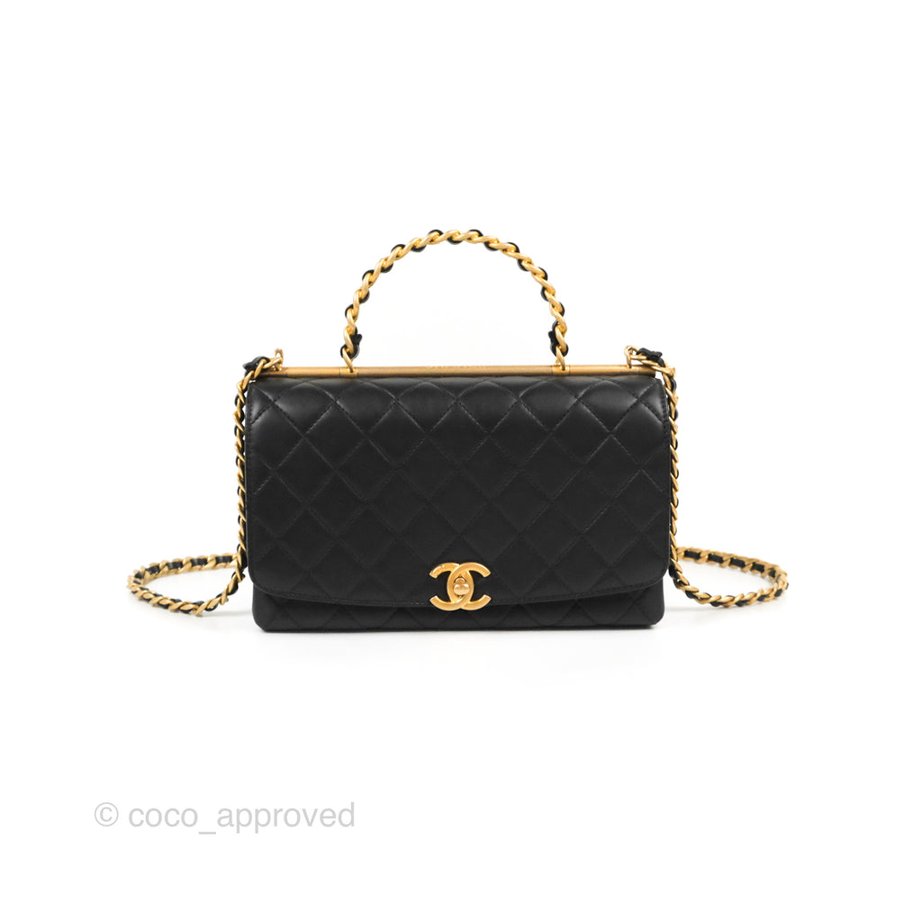 Chanel La Parisienne Top Handle Flap Bag Black Lambskin Aged Gold Hardware