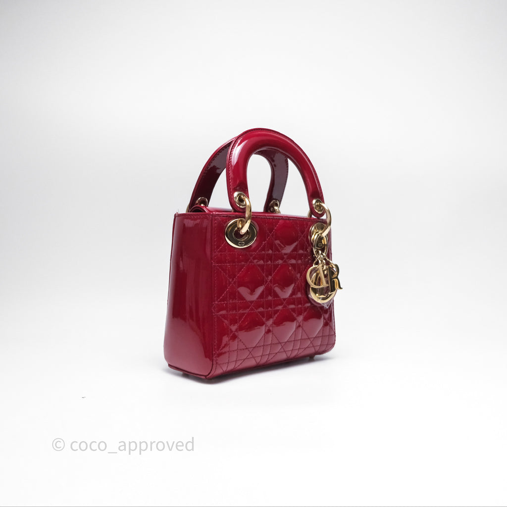 Christian Dior Mini Lady Dior Red Patent Cannage Gold Hardware