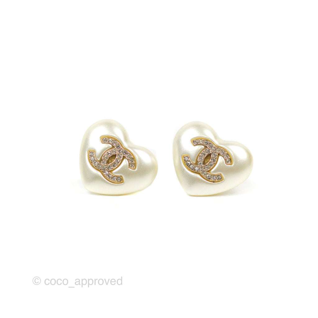 Chanel Pearl Heart Crystal CC Earrings 21B