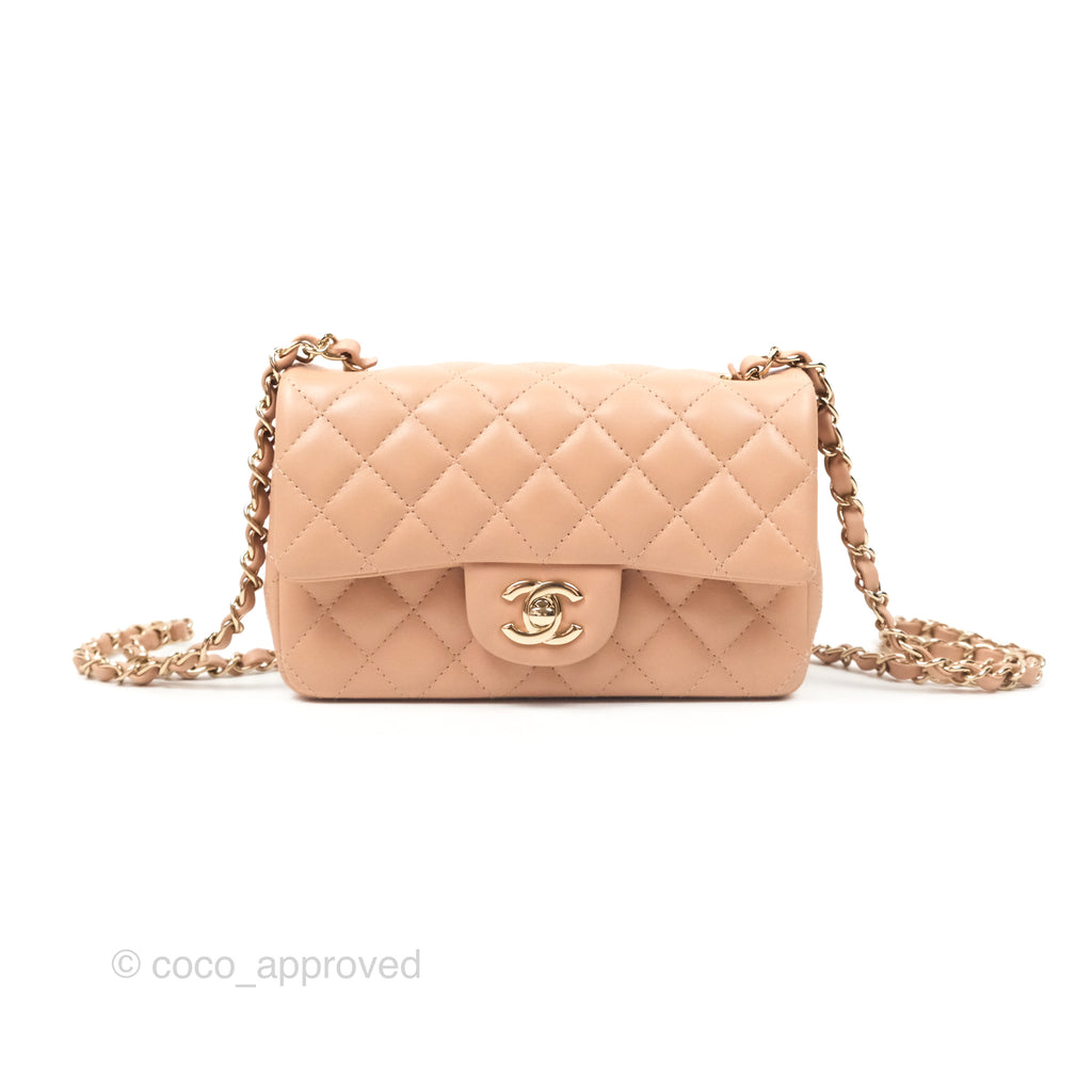 Chanel Quilted Mini Rectangular Flap Beige Lambskin Gold Hardware