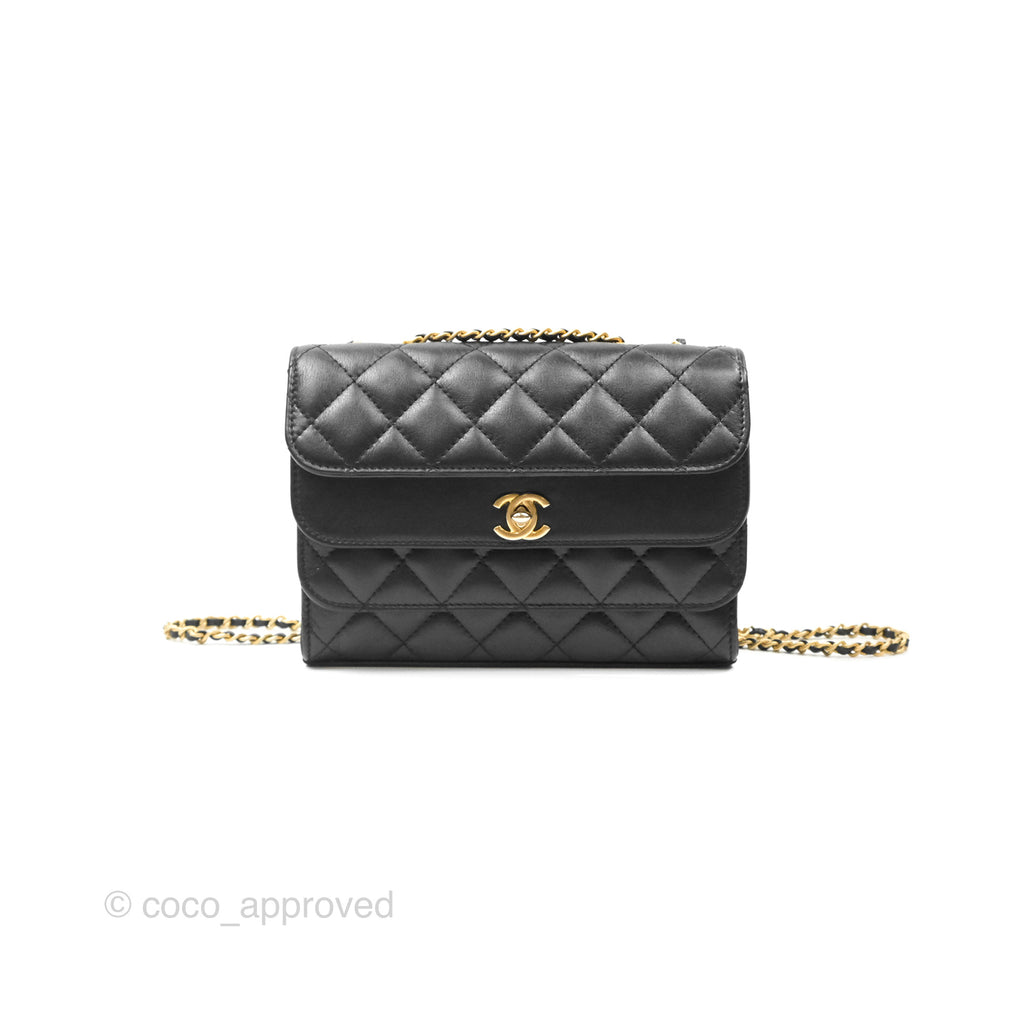 Chanel Triple Flap Bag Quilted Black Calfskin Aged Gold Hardware