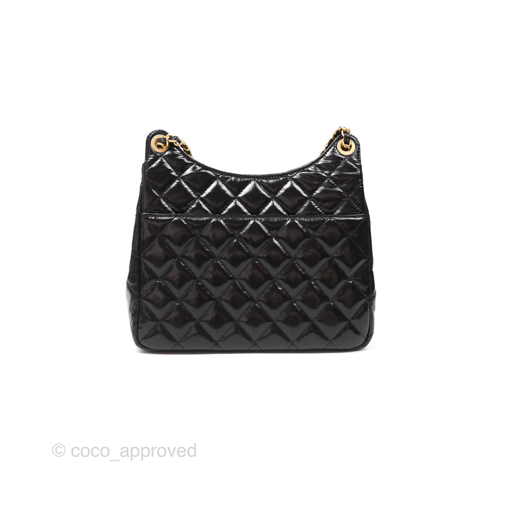 Chanel Medium Quilted Wavy CC Hobo Black Patent Aged Gold Hardware