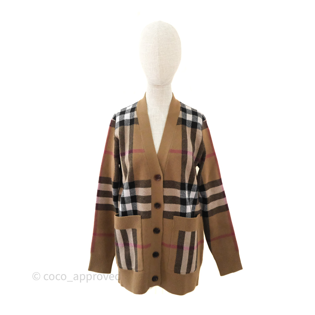 Burberry Check Wool Cashmere Cardigan Birch Brown Size XS