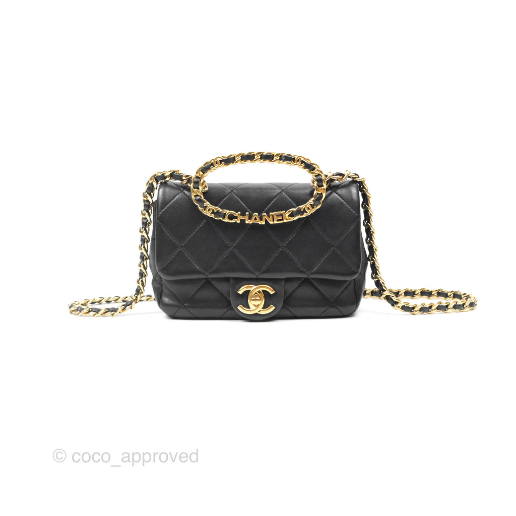Chanel Mini Top Handle Flap Black Lambskin Aged Gold Hardware