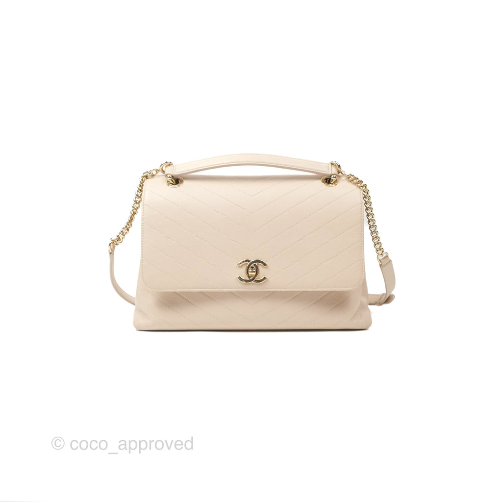 Chanel Large Chevron Chic Top Handle Bag Light Beige Grained Calfskin Gold Hardware