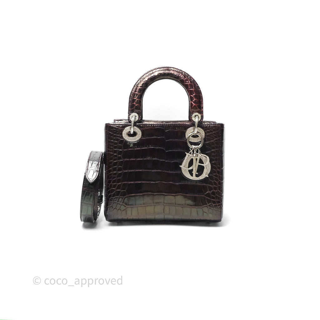 Christian Dior Small Lady Dior Shiny Crocodile Burgundy Diamond Hardware