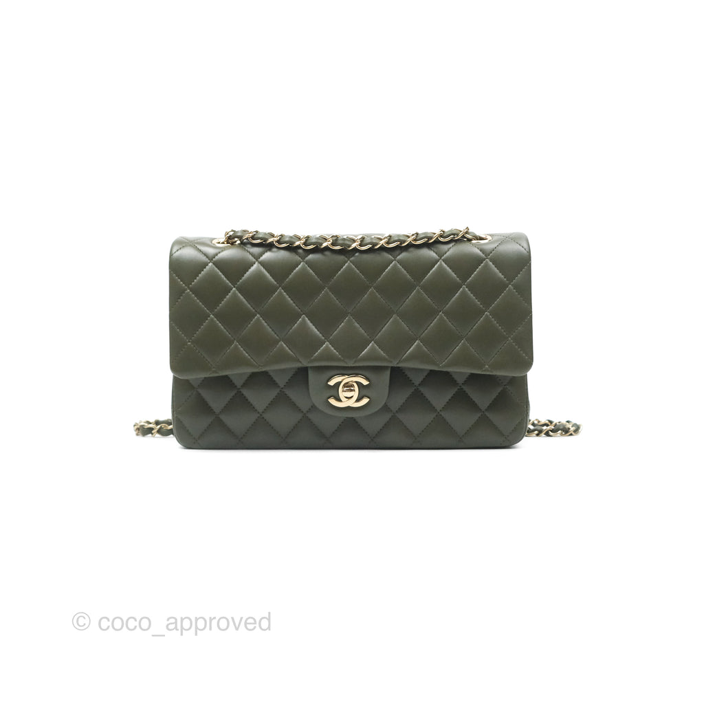 Chanel Classic M/L Medium Flap Quilted Lambskin Army Green Gold Hardware