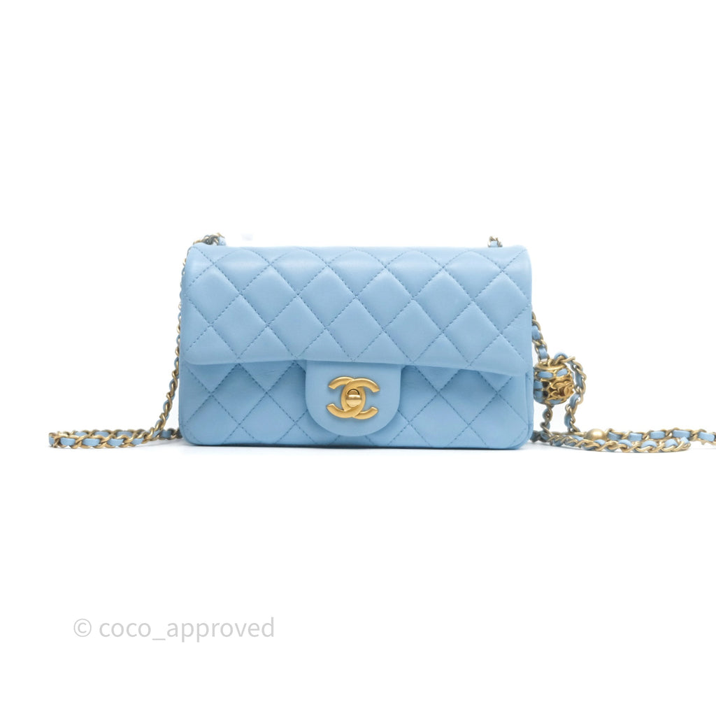 Chanel Mini Rectangular Pearl Crush Quilted Blue Lambskin Aged Gold Hardware