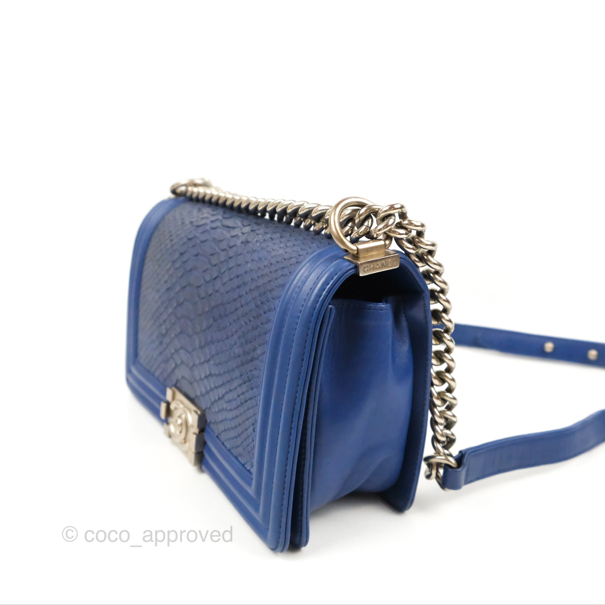 Chanel Medium Boy Blue Python Matte Silver Hardware – Coco