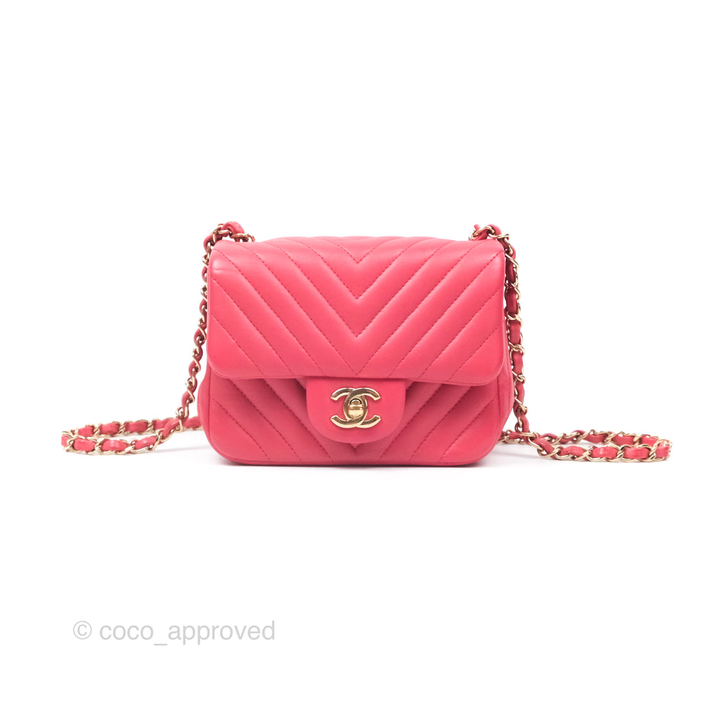 Chanel Mini Square Flap Chevron Dark Pink Lambskin Gold Hardware