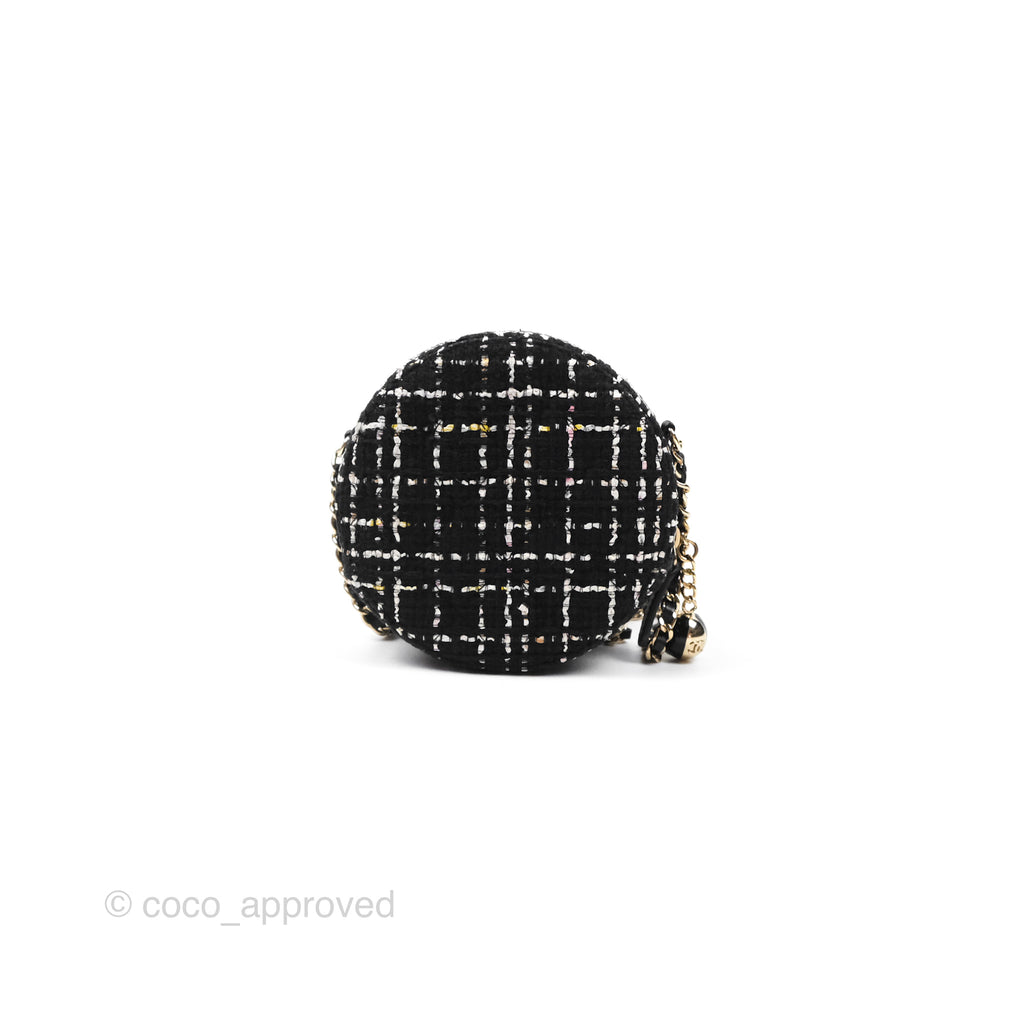 Chanel Classic Quilted Round Clutch With Chain Black Tweed Gold Hardware