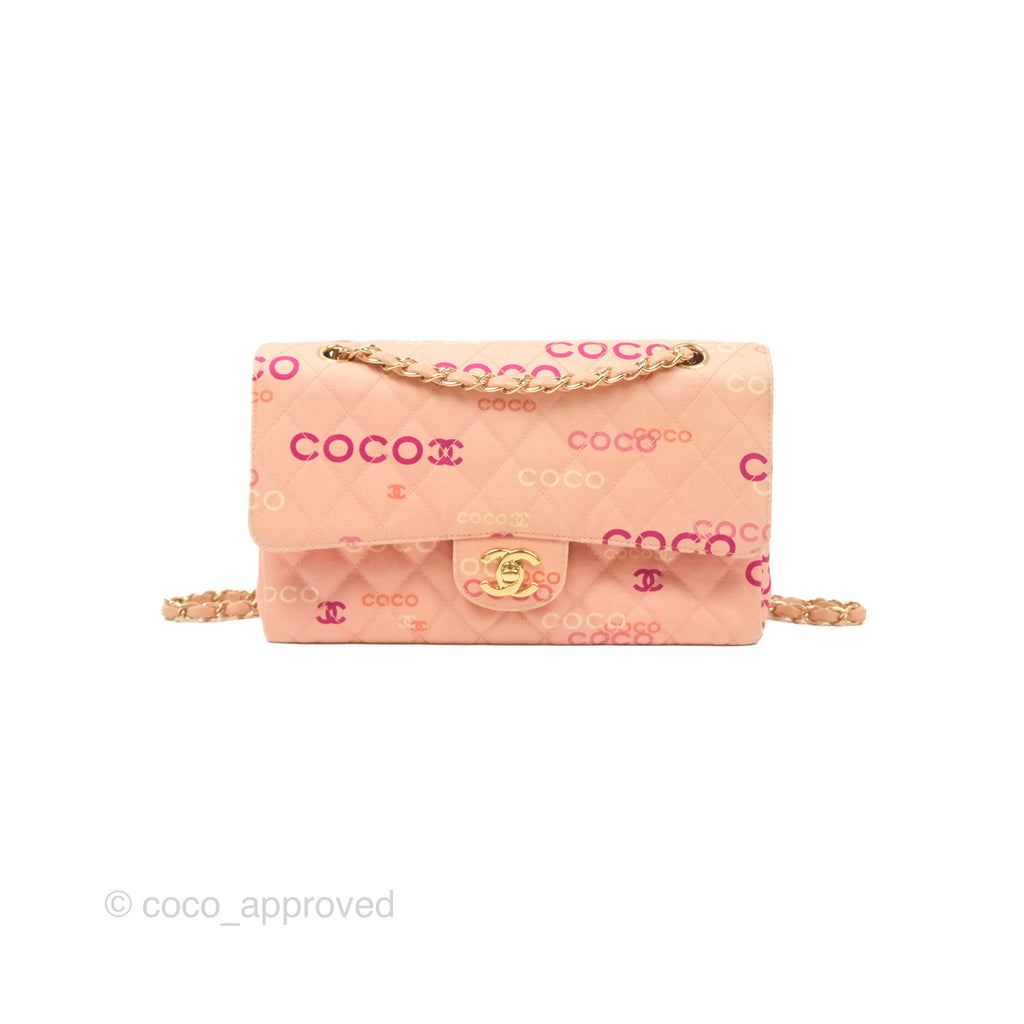 Chanel Coco Logo Medium Classic Flap Quilted Coral Pink Canvas Gold Hardware