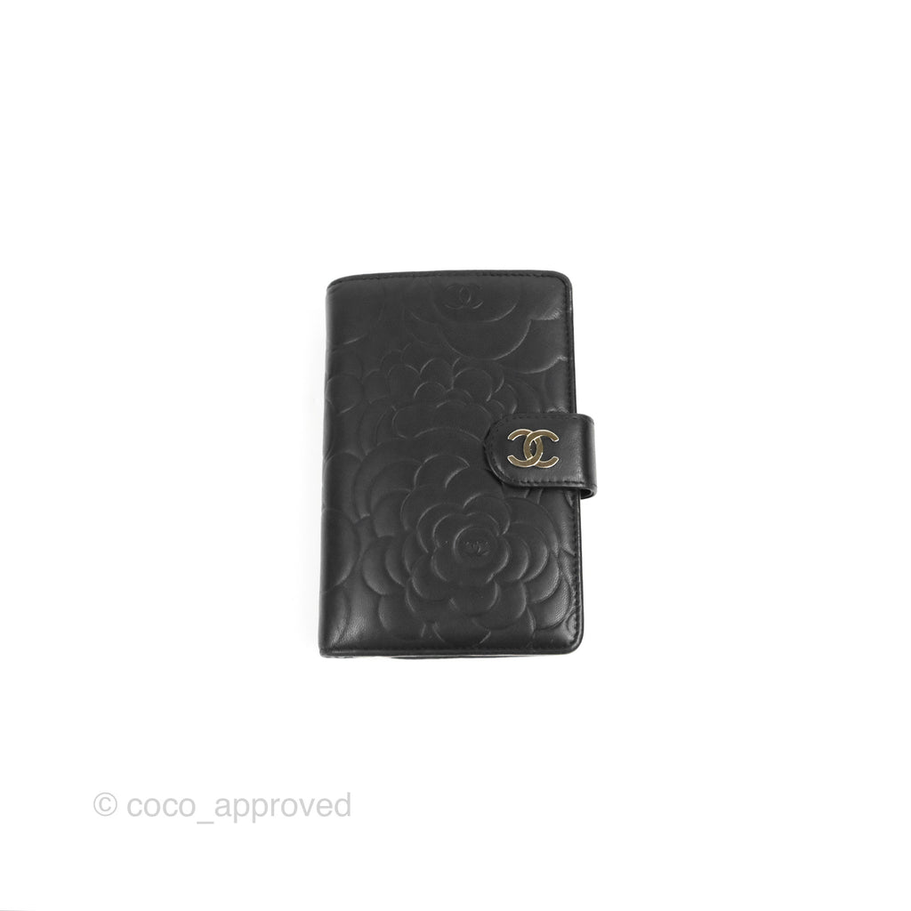 Chanel Wallet Black Camellia Embossed Lambskin Silver Hardware