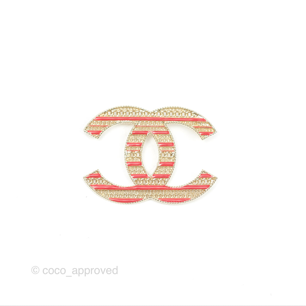 Chanel CC Red Striped Chain Brooch Gold Tone 20S