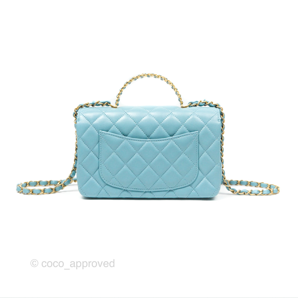 Chanel Flap Bag with Crystal Logo Top Handle Tiffany Blue Lambskin Aged Gold Hardware