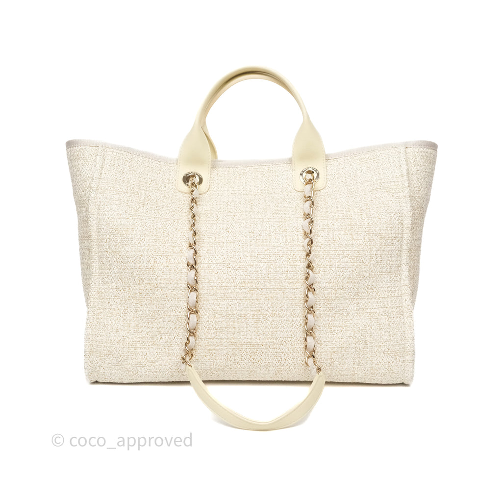 Chanel Large Deauville Ivory/Gold Canvas Gold Hardware