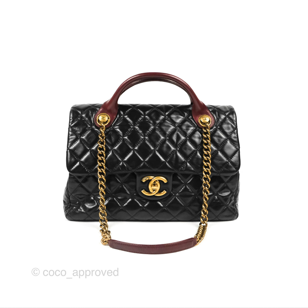 Chanel Large Castle Rock Flap Bag Black Glazed Aged Calfskin Burgundy Handle