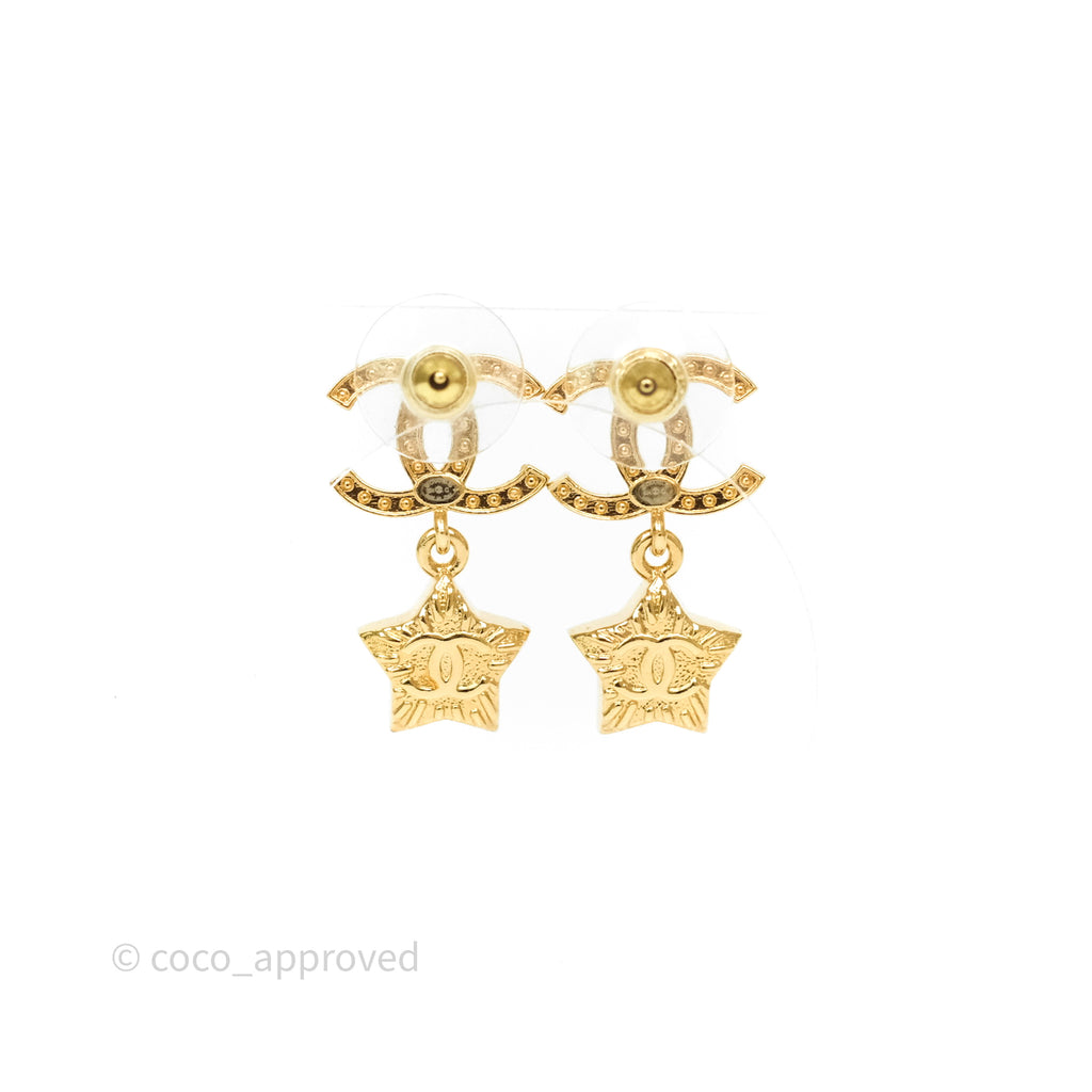 Chanel Crystal CC Star Drop Earrings Gold Tone 24C