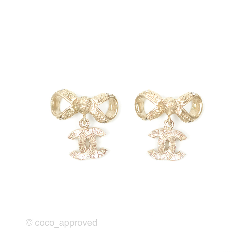 Chanel Crystal CC Bow Knot Earrings Gold Tone 