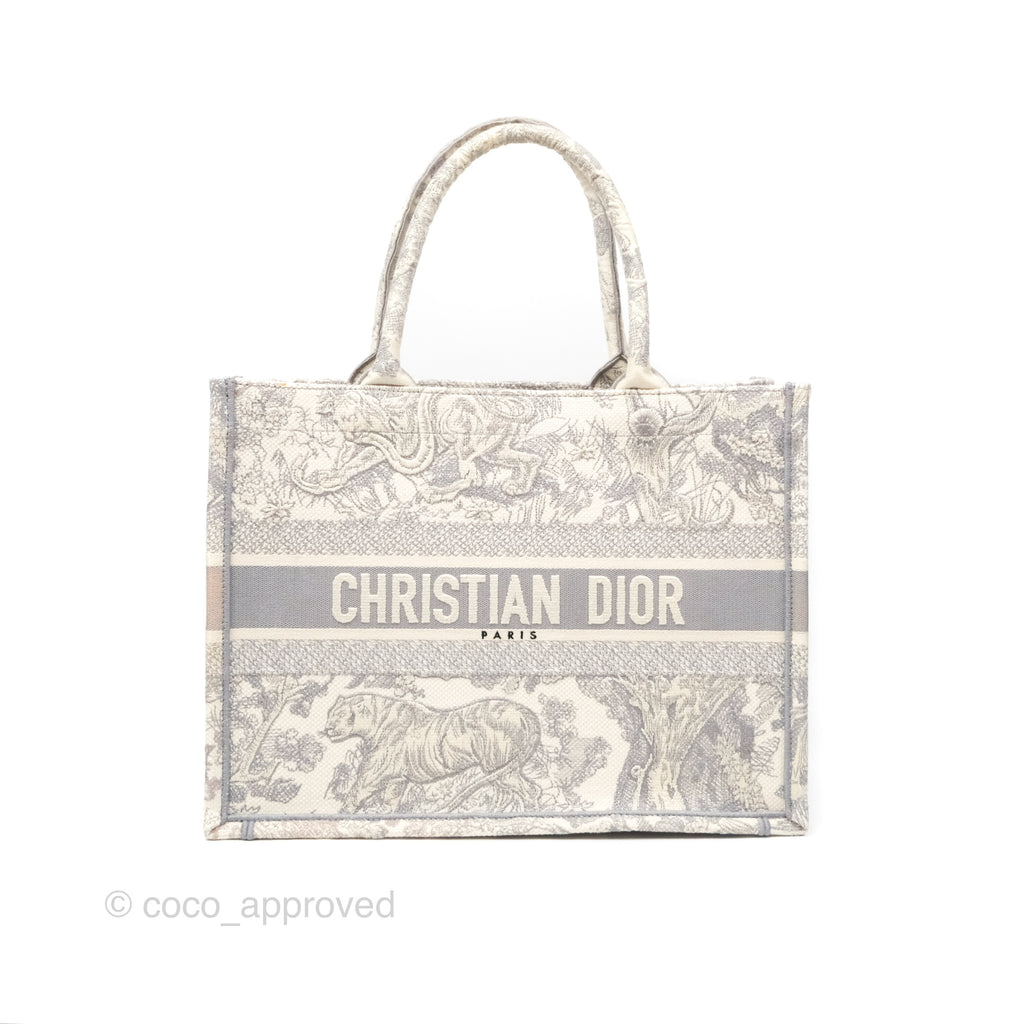 Christian Dior Medium (Old Small) Embroidered Toile De Jouy Light Grey Canvas Book Tote