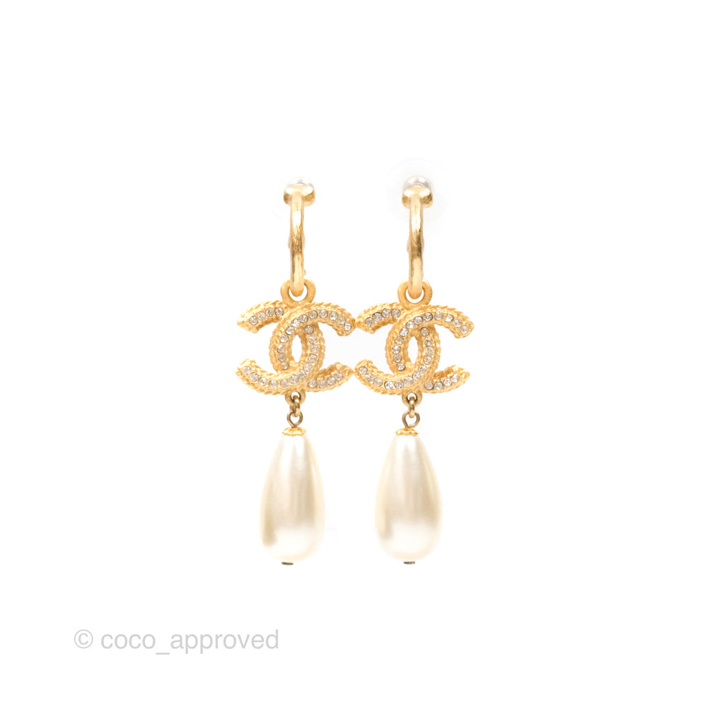 Chanel CC Crystal Pearl Drop Crystal Earrings Matte Gold Tone 20P