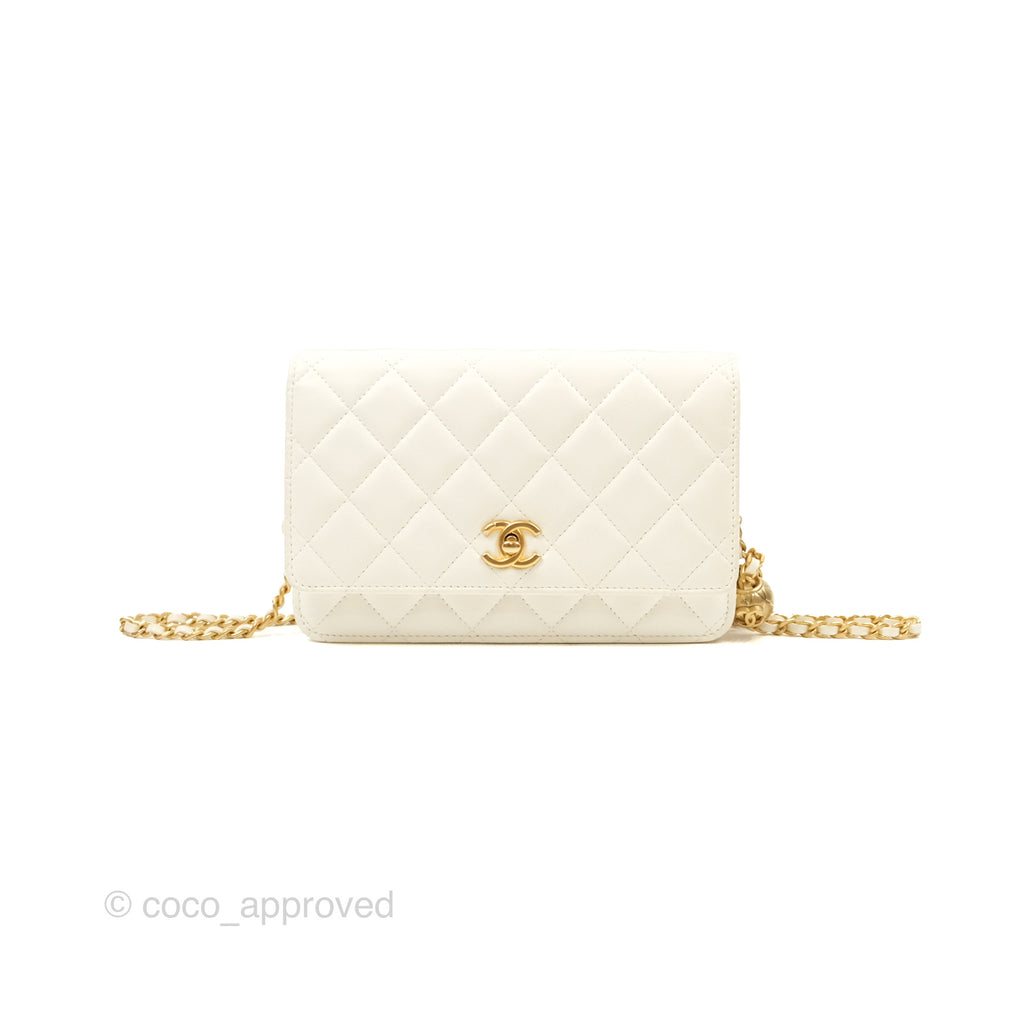 Chanel Quilted Pearl Crush Wallet on Chain WOC White Lambskin Aged Gold Hardware