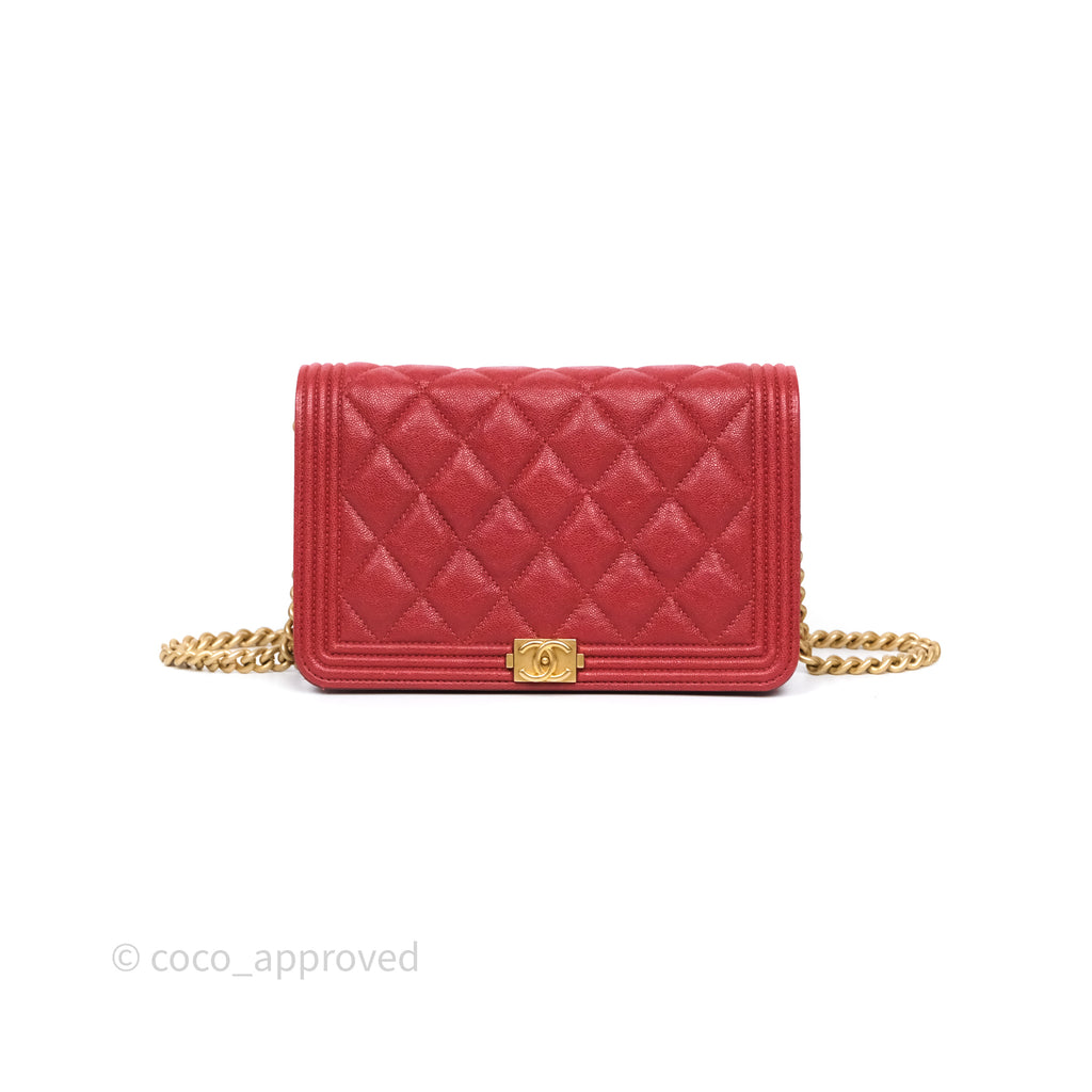 Chanel Boy Wallet on Chain WOC Red Caviar Aged Gold Hardware