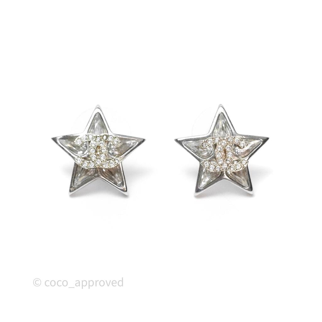 Chanel Crystal CC Star Earrings Silver Tone 23S