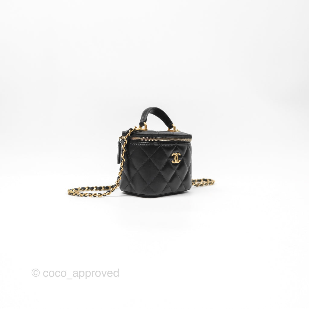 Chanel Mini Top Handle Vanity With Chain Black Lambskin Aged Gold Hardware