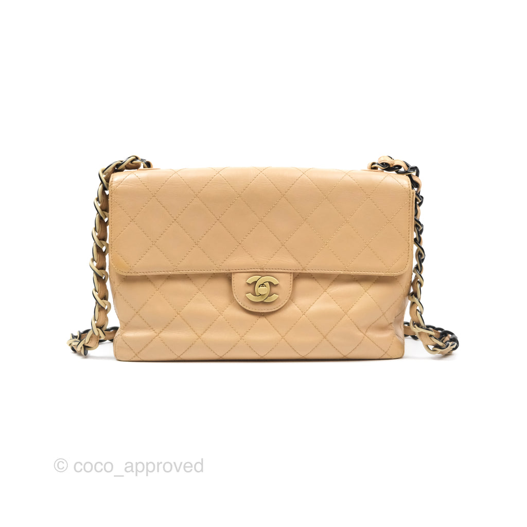 Chanel Vintage Jumbo Beige Flap Bag Lambskin Enamel Hardware