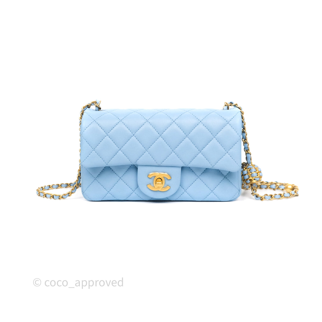 Chanel Mini Rectangular Pearl Crush Quilted Sky Blue Lambskin Aged Gold Hardware