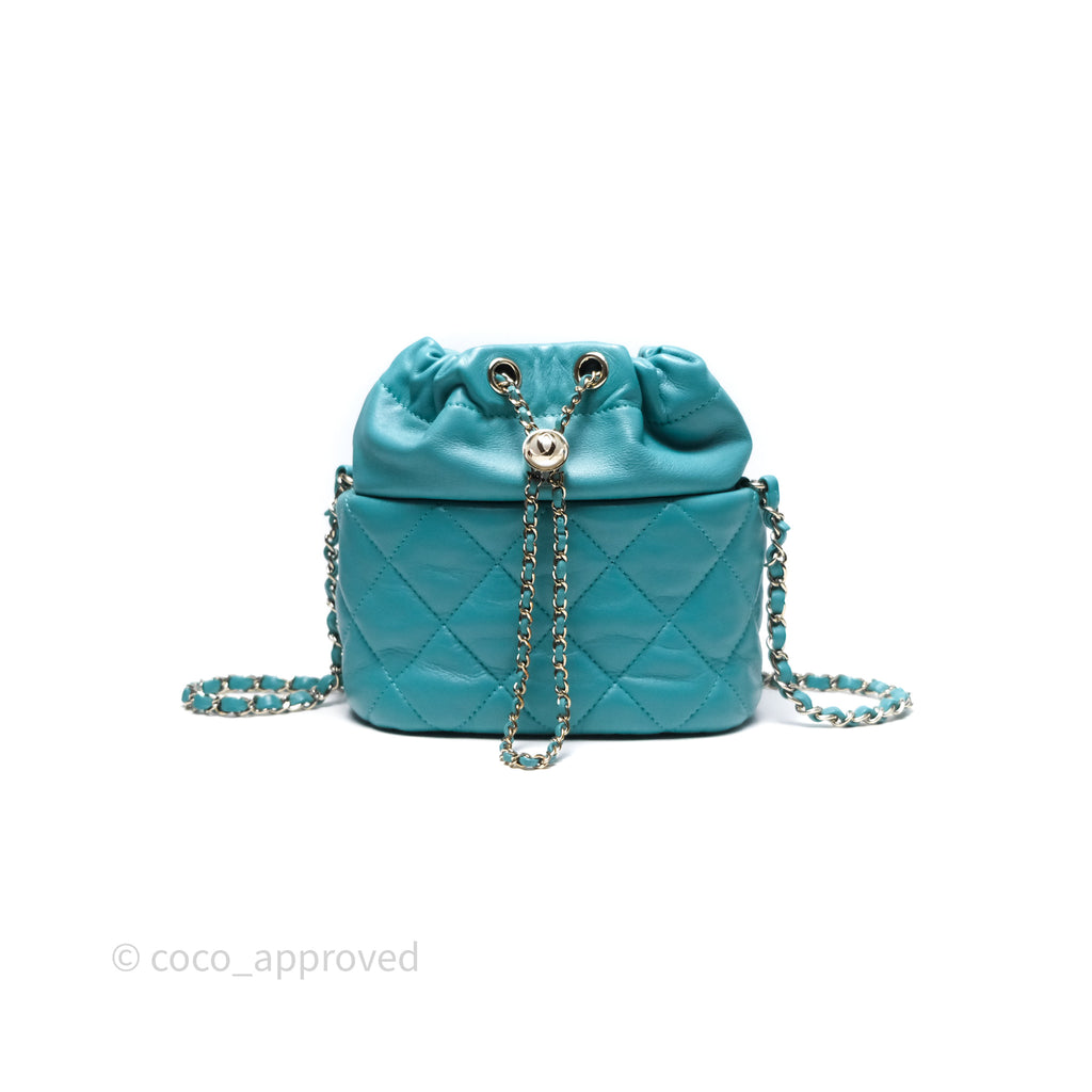 Chanel Pearl CC Drawstring Bucket Bag Teal Green Lambskin Gold Hardware